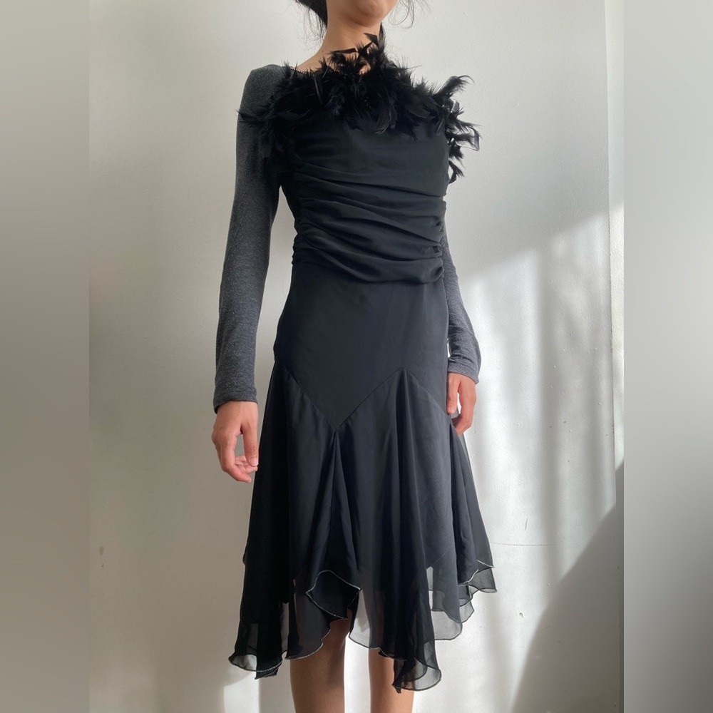 Vintage 00s Asymmetrical Black Dress with Feather Detail, Sz 4